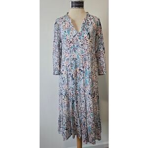 Lucky Brand Paisley Print White Teal  V-Neck Lined Midi Dress Sz Small (0969)